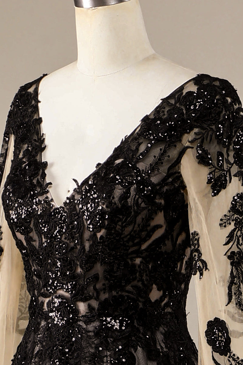 Load image into Gallery viewer, Sparkly Black Long Sleeves Chapel Train Lace Wedding Dress