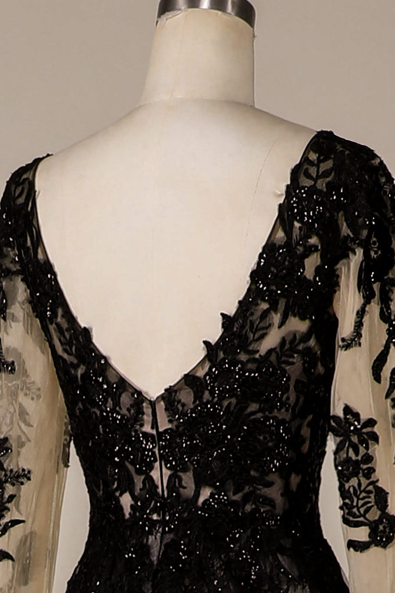 Load image into Gallery viewer, Sparkly Black Long Sleeves Chapel Train Lace Wedding Dress