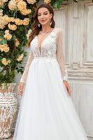Load image into Gallery viewer, Deep V-Neck Ivory Tulle Sweep Train Wedding Dress with Lace