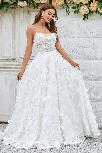 Ivory Floral Lace Sweep Train Wedding Dress
