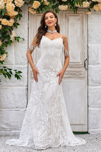 Mermaid Spaghetti Straps Ivory Wedding Dress with Fringes Lace