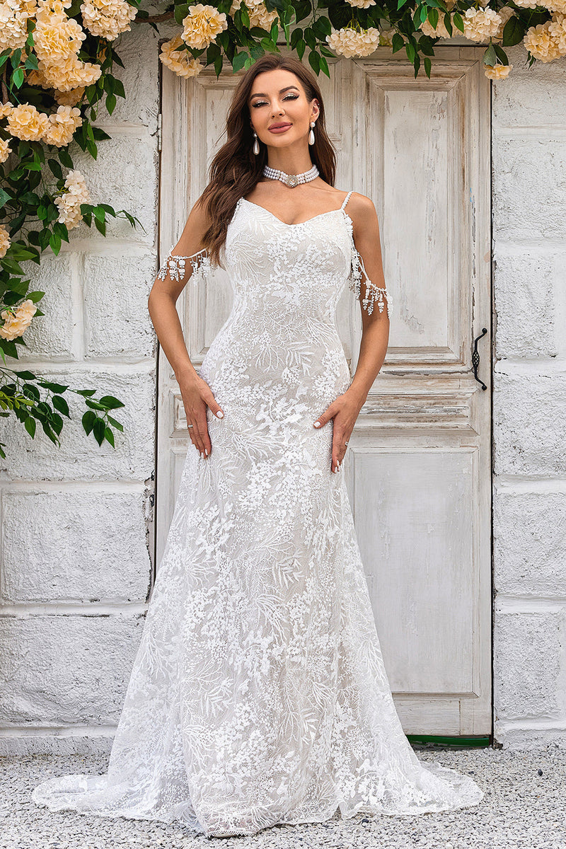 Load image into Gallery viewer, Mermaid Spaghetti Straps Ivory Wedding Dress with Fringes Lace