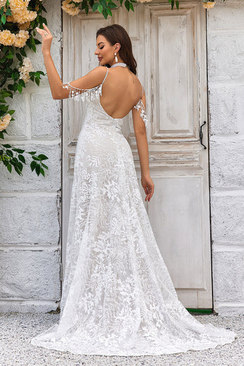 Mermaid Spaghetti Straps Ivory Wedding Dress with Fringes Lace
