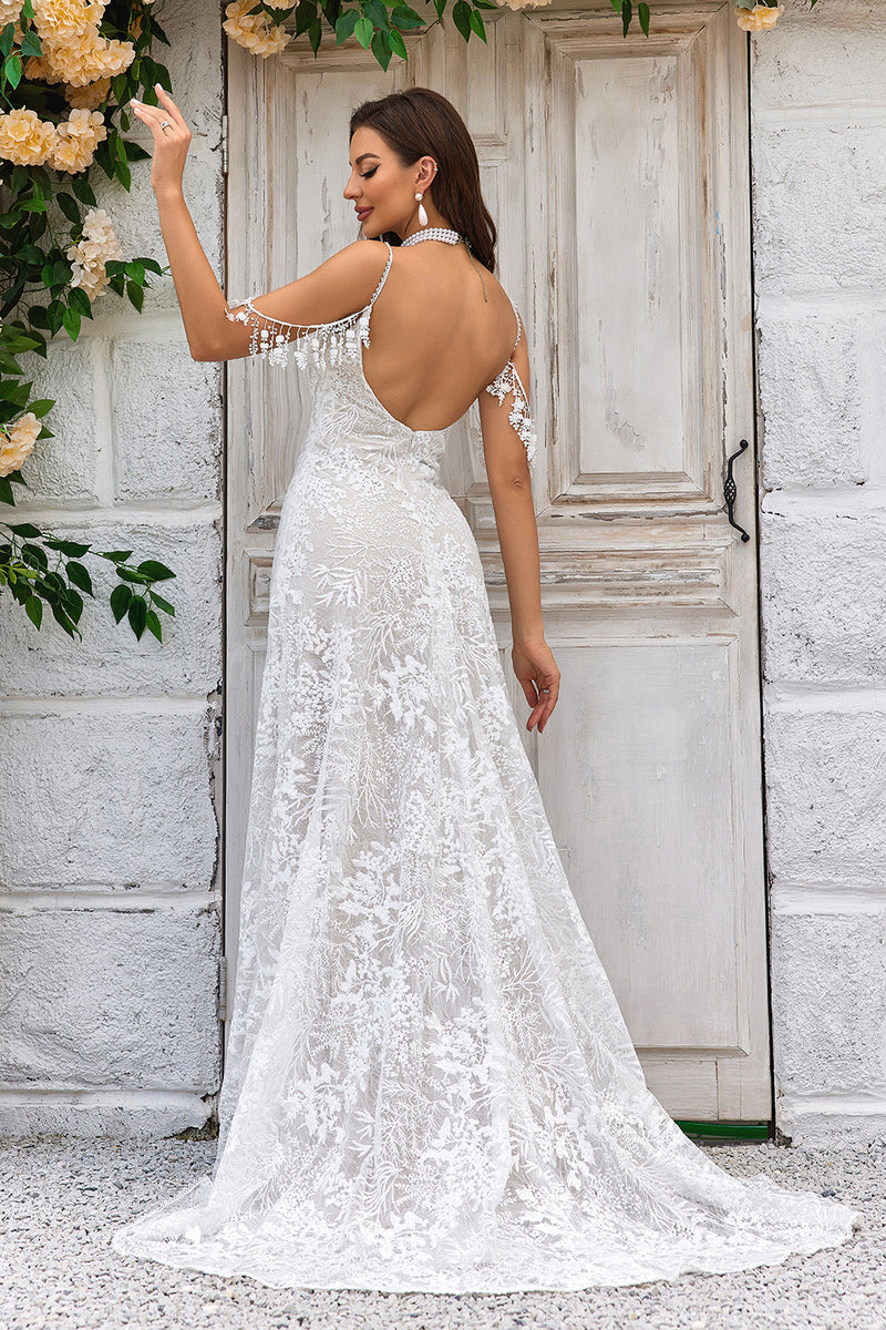 Load image into Gallery viewer, Mermaid Spaghetti Straps Ivory Wedding Dress with Fringes Lace
