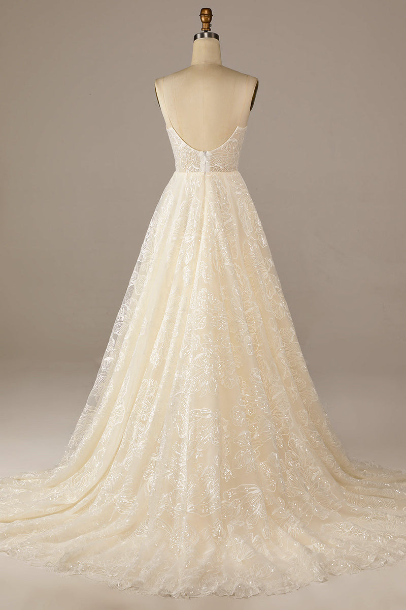Load image into Gallery viewer, Sparkly Apricot Sweep Train Lace Wedding Dress