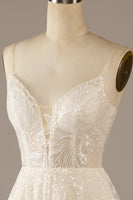 Load image into Gallery viewer, Sparkly Apricot Sweep Train Lace Wedding Dress