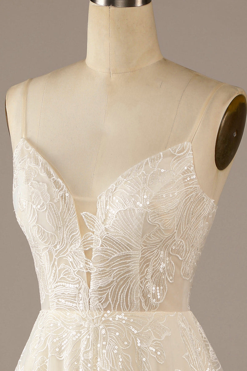 Load image into Gallery viewer, Sparkly Apricot Sweep Train Lace Wedding Dress