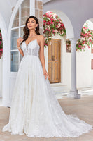 Load image into Gallery viewer, Charming A Line Spaghetti Straps Apricot Long Wedding Dress with Sweep Train