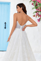 Load image into Gallery viewer, Charming A Line Spaghetti Straps Apricot Long Wedding Dress with Sweep Train