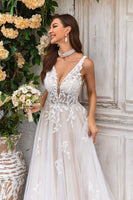Load image into Gallery viewer, Gorgeous A Line Deep V Neck Champagne Tulle Wedding Dress with Lace