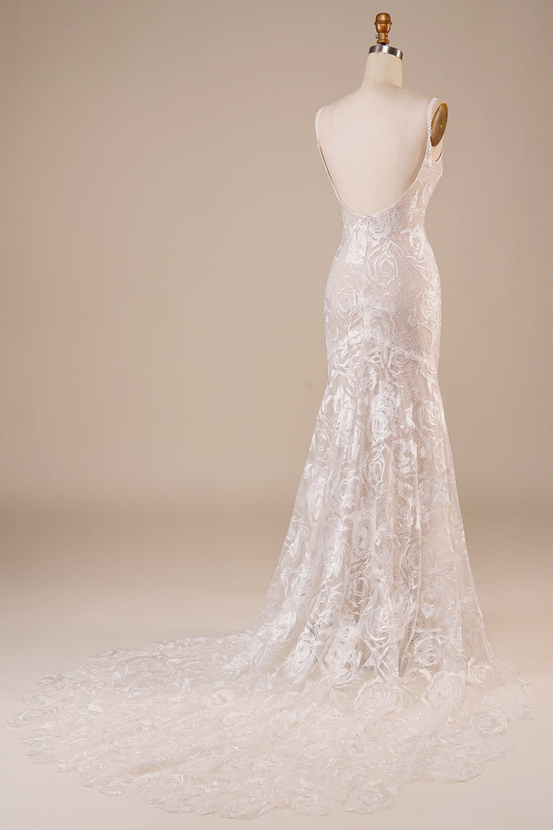 Load image into Gallery viewer, Backless Lace Ivory Wedding Dress with Sweep Train