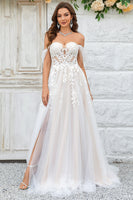 Load image into Gallery viewer, Beauty A Line Off the Shoulder Champagne Tulle Detachable Wedding Dress with Lace