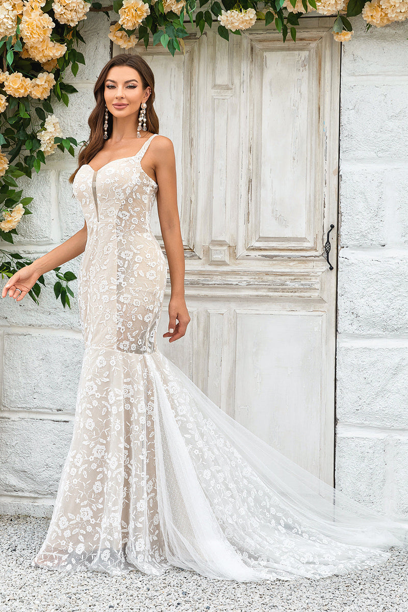 Load image into Gallery viewer, Mermaid Ivory Sweep Train Wedding Dress with Lace