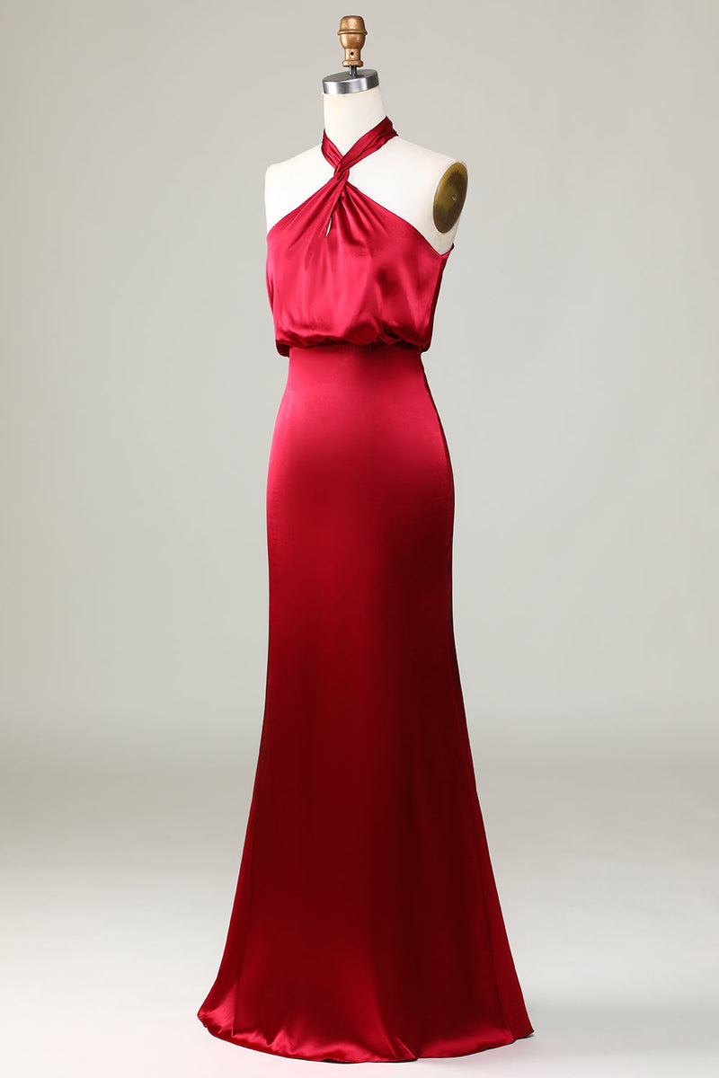 Load image into Gallery viewer, Mermaid Halter Sleeveless Burgundy Bridesmaid Dress