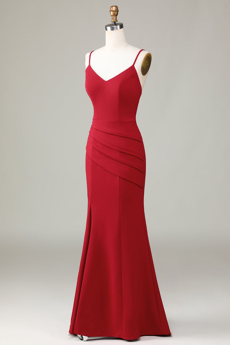 Load image into Gallery viewer, Spaghetti Straps Sleeveless Burgundy Bridesmaid Dress with Slit