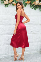 Load image into Gallery viewer, A Line Spaghetti Straps Burgundy Tea Length Bridesmaid Dress with Hollow Out