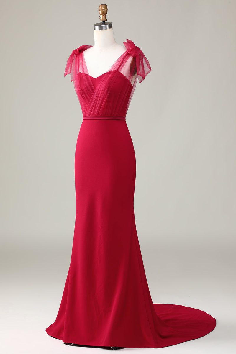Load image into Gallery viewer, Mermaid Satin Burgundy Long Bridesmaid Dress with Bows