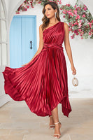 Load image into Gallery viewer, Asymmetrical One Shoulder Burgundy Tea Length Bridesmaid Dress