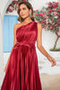 Load image into Gallery viewer, Asymmetrical One Shoulder Burgundy Tea Length Bridesmaid Dress