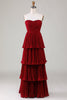 Load image into Gallery viewer, Strapless Tiered Burgundy Long Bridesmaid Dress