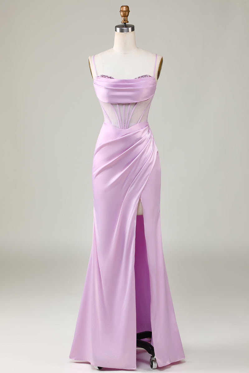 Load image into Gallery viewer, Mermaid Spaghetti Straps Lilac Long Bridesmaid Dress with Slit