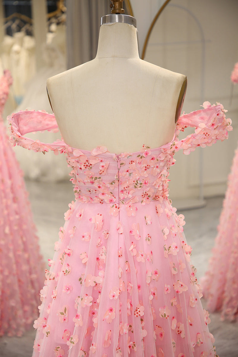 Load image into Gallery viewer, Pink A-line Off The Shoulder Long Prom Dress with 3D Flowers