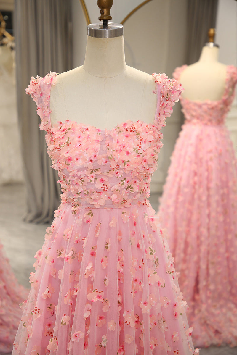 Load image into Gallery viewer, Pink A-line Off The Shoulder Long Prom Dress with 3D Flowers