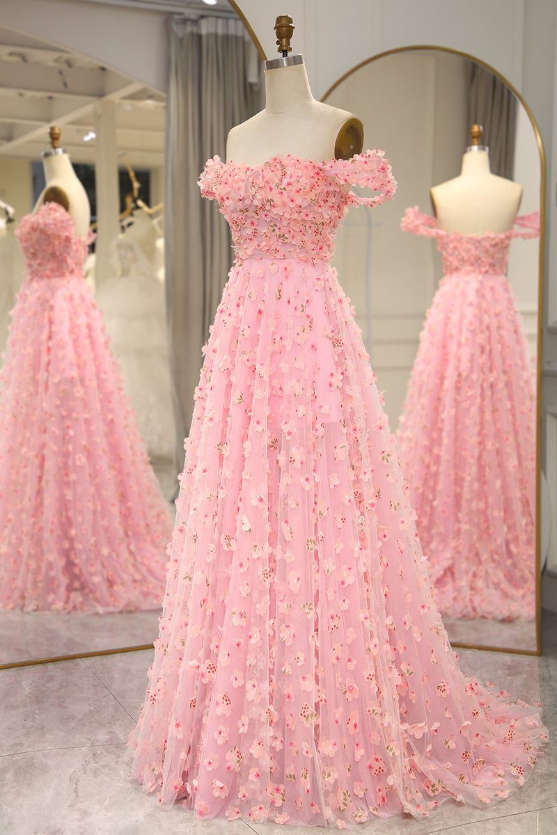 Load image into Gallery viewer, Pink A-line Off The Shoulder Long Prom Dress with 3D Flowers