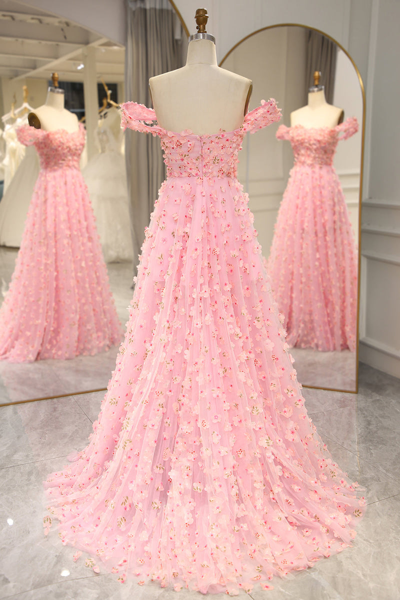 Load image into Gallery viewer, Pink A-line Off The Shoulder Long Prom Dress with 3D Flowers