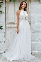 Load image into Gallery viewer, Ivory Open Back Tulle Sweep Train Wedding Dress with Lace