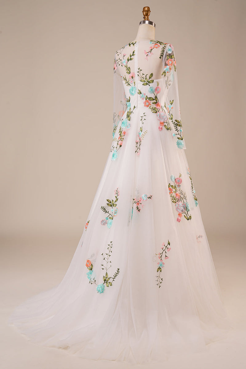 Load image into Gallery viewer, Tulle Long Sleeves Long Ivory Wedding Dress with Embroidery