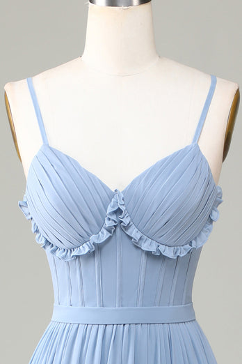 Dusty Blue Printed Corset Spaghetti Straps Long Bridesmaid Dress With Criss Cross Back