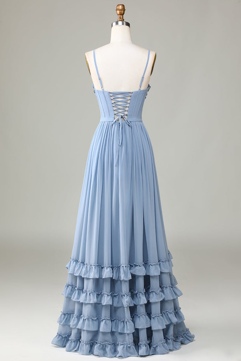 Load image into Gallery viewer, Dusty Blue Printed Corset Spaghetti Straps Long Bridesmaid Dress With Criss Cross Back
