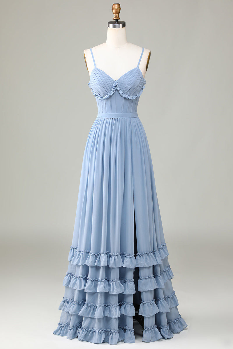 Load image into Gallery viewer, Dusty Blue Printed Corset Spaghetti Straps Long Bridesmaid Dress With Criss Cross Back