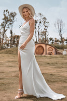 Load image into Gallery viewer, Ivory Boho Satin Simple Mermaid Wedding Dress with Slit