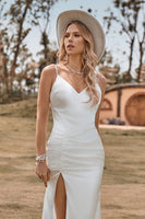 Load image into Gallery viewer, Ivory Boho Satin Simple Mermaid Wedding Dress with Slit