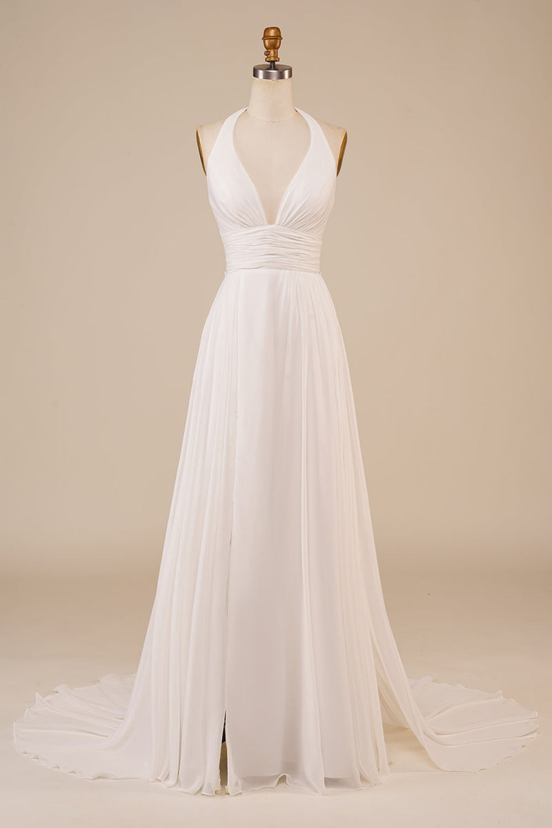 Load image into Gallery viewer, A-Line Halter Ivory Sweep Train Wedding Dress with Slit
