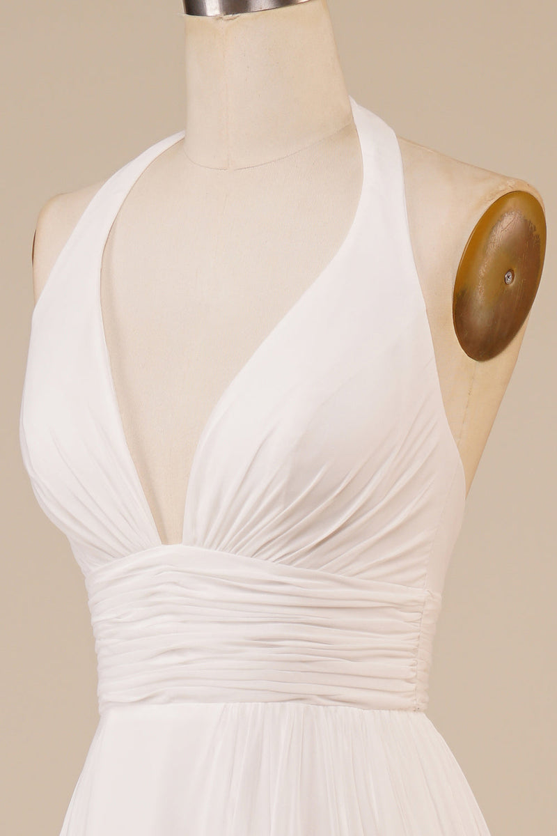 Load image into Gallery viewer, A-Line Halter Ivory Sweep Train Wedding Dress with Slit