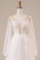 Load image into Gallery viewer, Long Sleeves Open Back Ivory Wedding Dress with Appliques