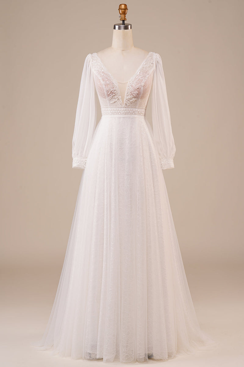 Load image into Gallery viewer, A-Line Tulle Beaded Ivory Wedding Dress with Sleeves