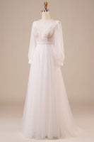 Load image into Gallery viewer, A-Line Tulle Beaded Ivory Wedding Dress with Sleeves