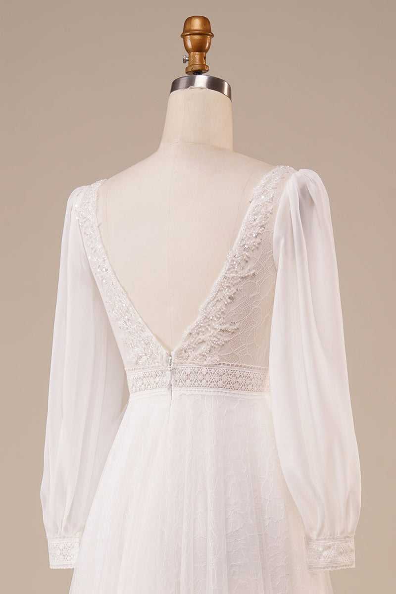 Load image into Gallery viewer, A-Line Tulle Beaded Ivory Wedding Dress with Sleeves