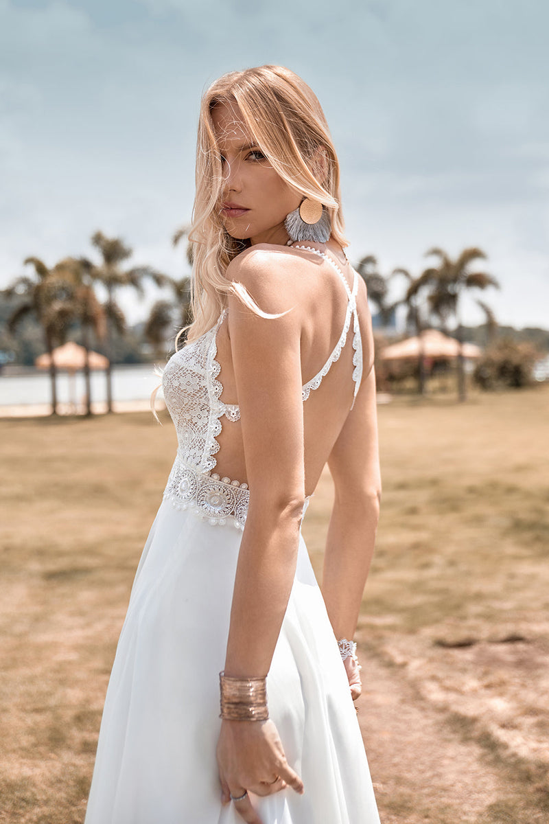 Load image into Gallery viewer, Lace Backless Spaghetti Straps Boho Wedding Dress with with Slit