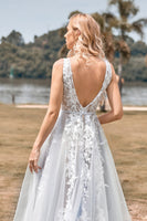 Load image into Gallery viewer, A Line Tulle Ivory Wedding Dress with Appliques