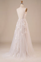 Load image into Gallery viewer, Tulle Backless Ivory Long Wedding Dress with Embroidery
