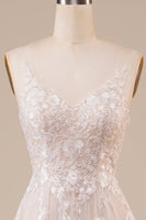 Load image into Gallery viewer, Tulle Backless Ivory Long Wedding Dress with Embroidery