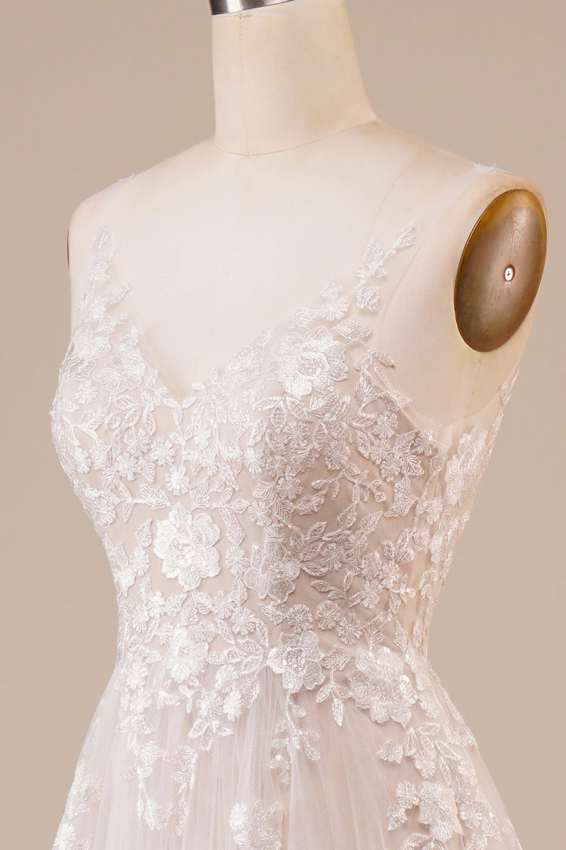 Load image into Gallery viewer, Tulle Backless Ivory Long Wedding Dress with Embroidery