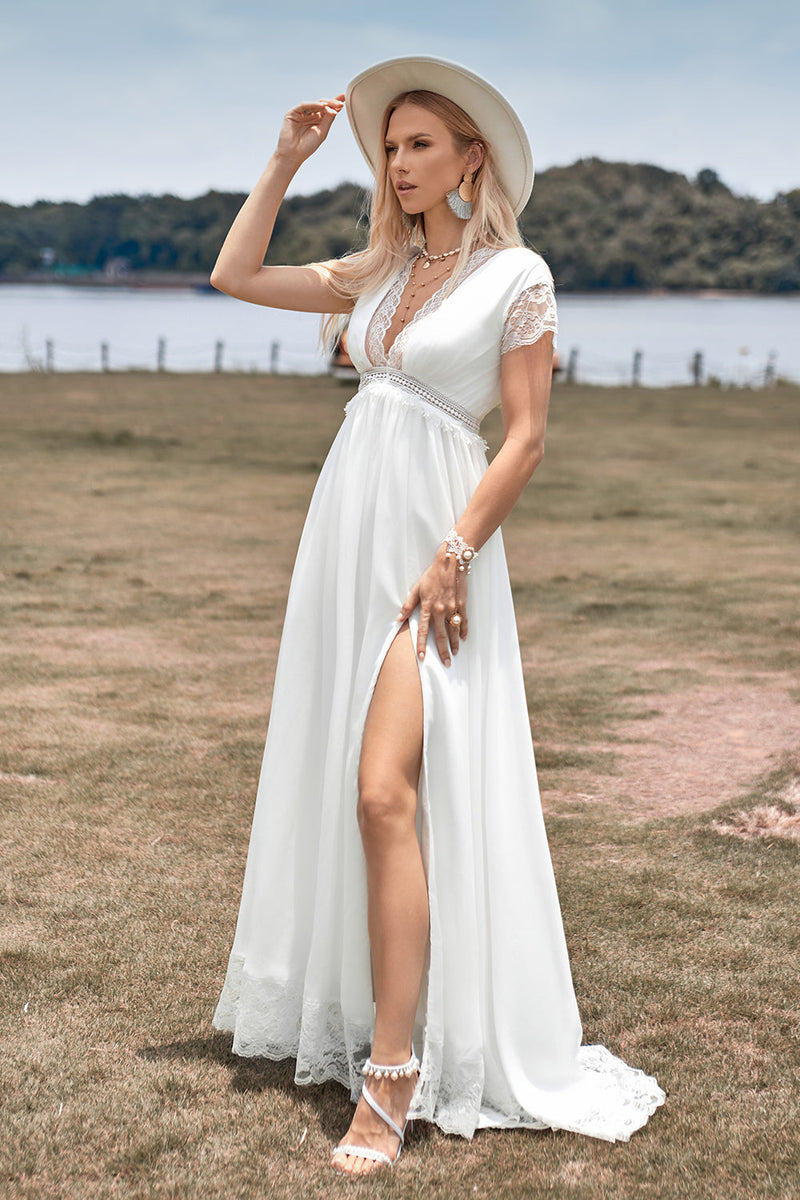 Load image into Gallery viewer, Deep V-neck Simple Boho Wedding Dress with Slit