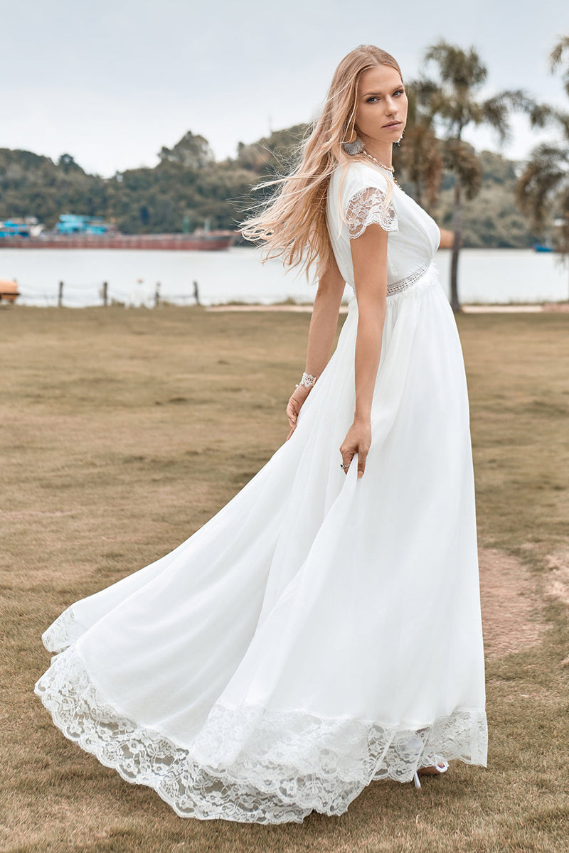 Load image into Gallery viewer, Deep V-neck Simple Boho Wedding Dress with Slit