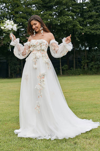 Queendancer Women Ivory Wedding Dress with 3D Flowers Detachable Long Sleeves Sweep Train Bridal Dress queendanceruk